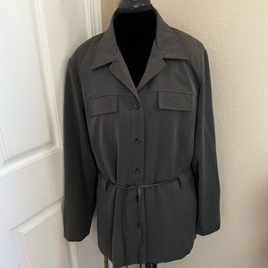 George jacket with belt has some stretch . Charcoal or dark gray colored